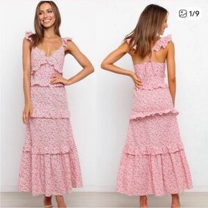 Petal & Pup Aspa 100% Cotton Pink Floral Tiered Ruffle Midi Dress Size 2